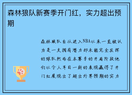 森林狼队新赛季开门红，实力超出预期