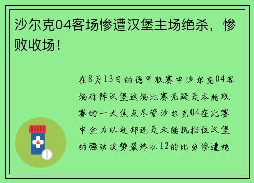沙尔克04客场惨遭汉堡主场绝杀，惨败收场！