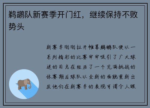 鹈鹕队新赛季开门红，继续保持不败势头