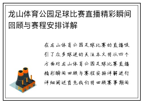 龙山体育公园足球比赛直播精彩瞬间回顾与赛程安排详解