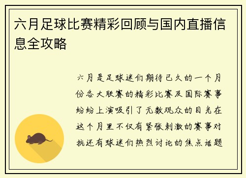 六月足球比赛精彩回顾与国内直播信息全攻略